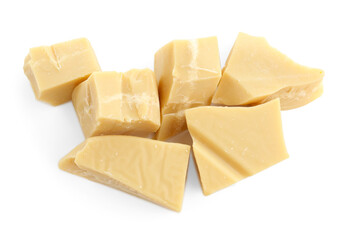 Pieces of natural cocoa butter isolated on white, top view