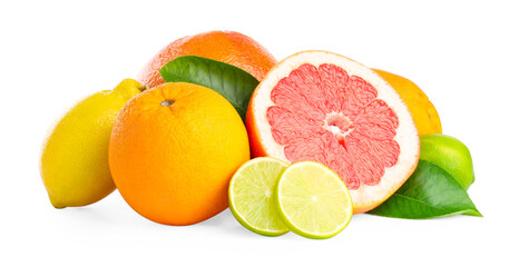 Different ripe citrus fruits isolated on white