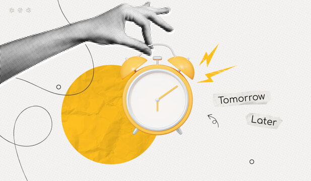 Trendy Halftone Collage Hand pointing yellow Alarm Clock with deadline. Personification of procrastination. Putting off important tasks for later. Time delay. Contemporary vector illustration art