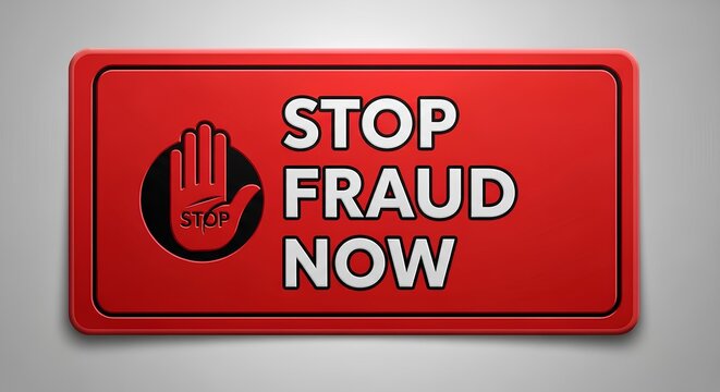 A red sign with a hand and the words stop fraud now, serving as a warning and alert to potential threats and scams, promoting security, safety, and vigilance.