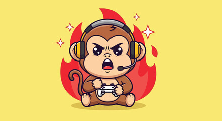Cute Monkey Gamer Playing Video Game with Headset. © NFS Studio