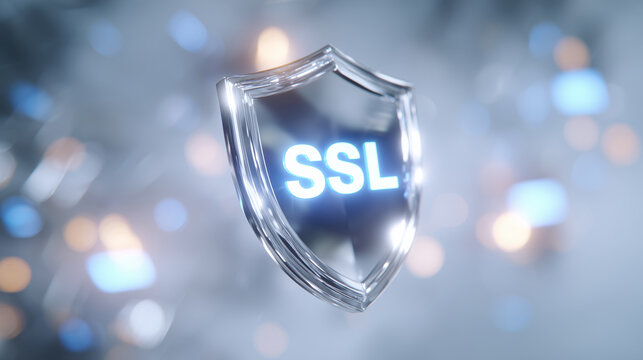 Close-up of a glowing SSL shield symbol hovering above a white background, accompanied by HTTPS certificate icon and subtle padlock overlays, soft reflections emphasizing enhanced