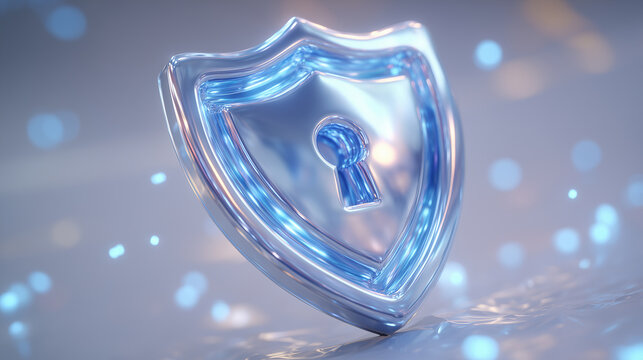Isometric close-up of a secured HTTPS padlock with SSL shield emblem, white background, floating encrypted data particles, subtle reflections on the glossy shield surface, modern t