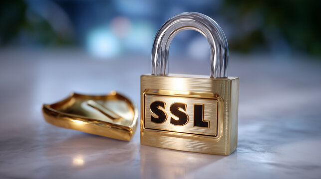 Close-up 3D rendering of a secured connection padlock, SSL shield, and HTTPS certificate, floating above a smooth white surface, soft lighting creating realistic metallic and gloss