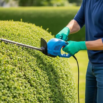 Man trimming a hedge with an electric hedge trimmer in a garden