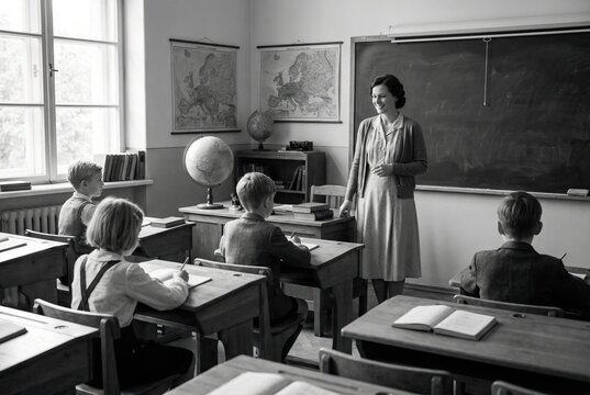 A black and white photograph of a vintage classroom from the mid-20th century, with a teacher and young students.