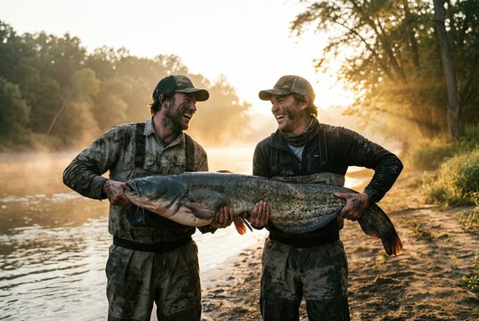 Two ecstatic, mud-covered friends laugh together while holding an enormous catfish they caught in a river.