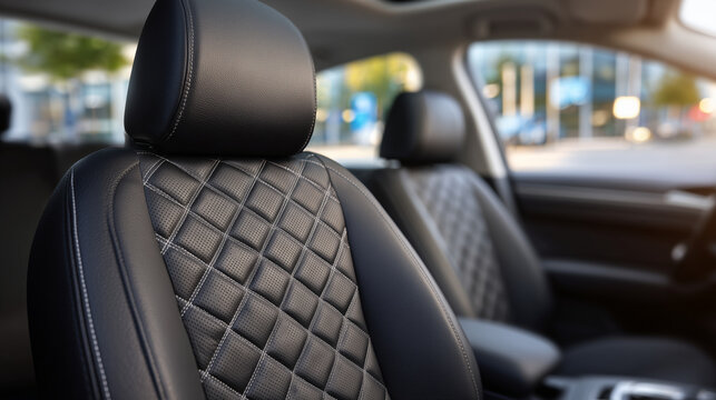 Macro detail of black leather car seat with diamond quilting, stitching and texture highlighted by soft natural light, blurred dashboard and passenger area in background, elegant a