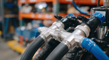 Fototapeta premium Cinematic close-up of intricate pipe connections, T-joints, valves, and flexible tubing in compact water filtration setup, shallow focus on foreground pipes, workshop tools subtly