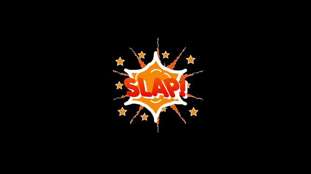 SLAP Word Retro Cartoon Comic Bubbles Pop Up Style, Expressions Color Bomb and Smoke Strip Dotted Animated comic book style, Caption bursting with energy on black  screen 4k doodle background