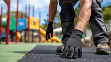Fototapeta premium Macro perspective of gloved hands lifting the edge of rubber flooring to inspect underlying surface, textured material sharply defined, vibrant playground slides and climbing bars