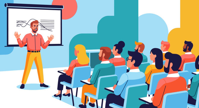 Man presenting to a group of people seated in chairs facing a projector screen