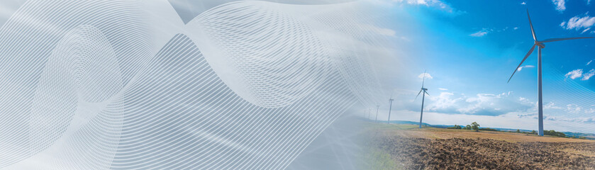 Wind turbines in a rural landscape; panoramic banner
