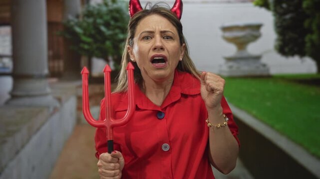 Middle aged blonde woman wearing red horns holds trident in front of building facade; anger defiance.