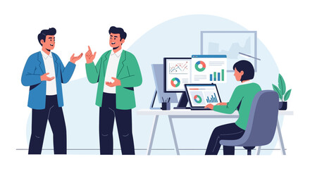 Three professionals collaborating and discussing data on computer screens in a modern office environment