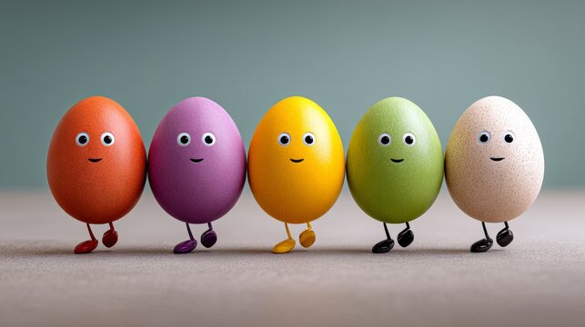 Colorful eggs with funny faces and legs walking in a line from left to right, featuring vibrant hues and a minimalist background with ample copy space on the left side