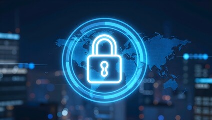 Global digital security concept with glowing padlock over a world map hologram on blurred city background