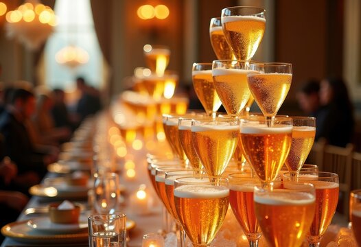 Cascading Champagne Glass Tower Splendidly Decorates Grand Wedding Reception Aisle