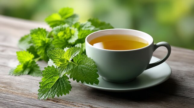Cup of lemon balm tea on a wooden table with fresh lemon balm leaves, illuminated by natural morning light, showcasing soft green tones and macro photography details