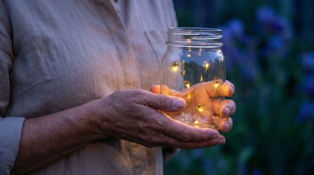 Woman holding a glass jar of glowing fireflies in a garden at twilight.