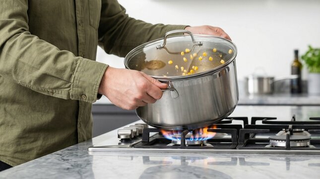 Man making popcorn in a stainless steel pot on a gas stove.