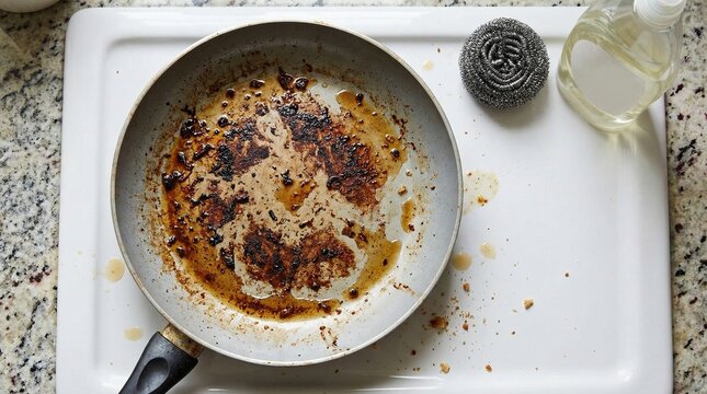 Top-down view of a non-stick pan with burnt stains and oil residue in a white sink, with a metal scourer and empty dish soap bottle on a granite countertop.
