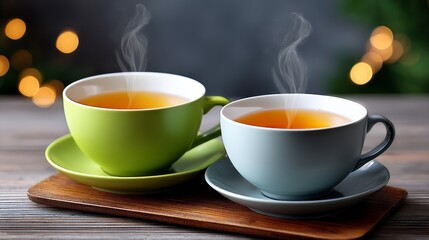 Fototapeta premium Two steaming cups of green tea in green and blue colors on a wooden tray, with soft bokeh lights in the background creating a warm, inviting atmosphere