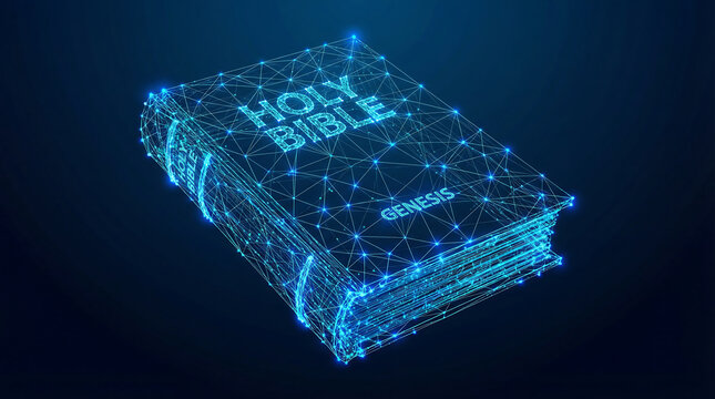 Digital Wireframe Holy Bible with Genesis Text on Futuristic Blue Network Background