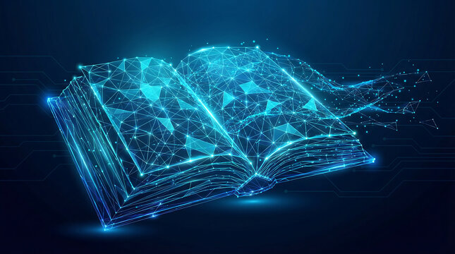 Digital wireframe book with glowing network connections representing online learning and technology