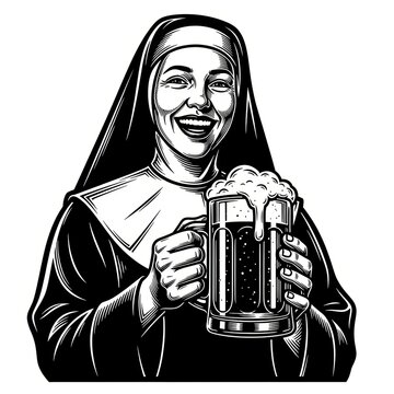 smiling nun in traditional habit cheerfully holding a frothy beer mug, blending irony with celebration.