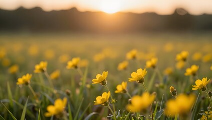 Obraz premium Field of buttercups at sunset creating a beautiful idyllic countryside scene
