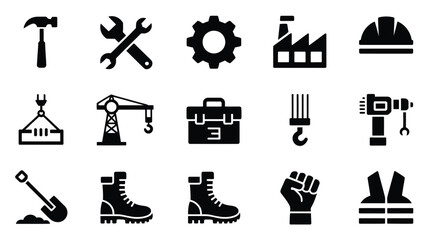 Fototapeta premium Black silhouette icons of labor day symbols tools and equipment on white background representing industry and work