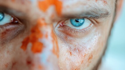 Close-up of a terrifying zombie man with eerie, striking features