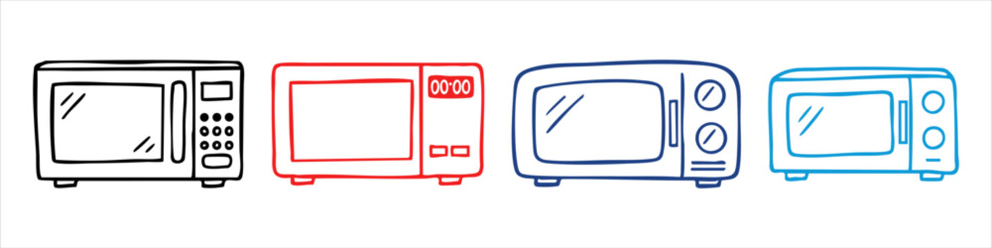 Set of four colorful hand-drawn microwave oven icons in black, red, and blue. Minimalist doodle style kitchen appliance illustrations on white.