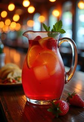 Colorful Sangria Pitcher Filled with Fresh Fruit Slices Strong Visual Appeal in Tapas Bar Setting