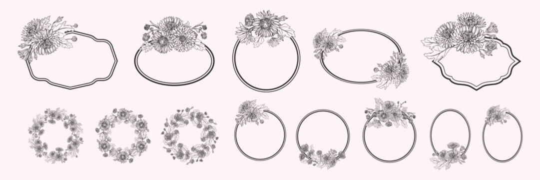 Elegant hand-drawn floral frames and wreaths in a vintage line-art style. Ideal for wedding stationery, invitations, branding, packaging, labels, certificates, graphics design.