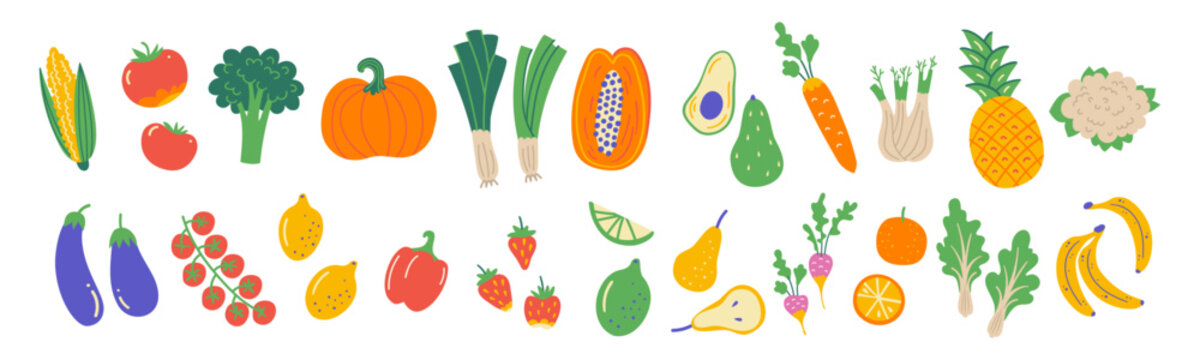 Food set with kitchen utensil and appliance, fruit and vegetables. Illustration of kitchen elements in flat style. Funny cartoon vector clipart.