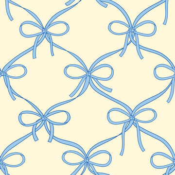 Coquette Cute seamless pattern with bow set. Hand-drawn vintage ribbons. For party, Wedding, invitation, social media template, and greetings in retro style. Vector minimalist elements, line art.