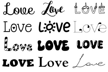 Creative Love Typography Collection in Multiple Styles, Hand Lettering and Decorative Font Designs Isolated on Light Background