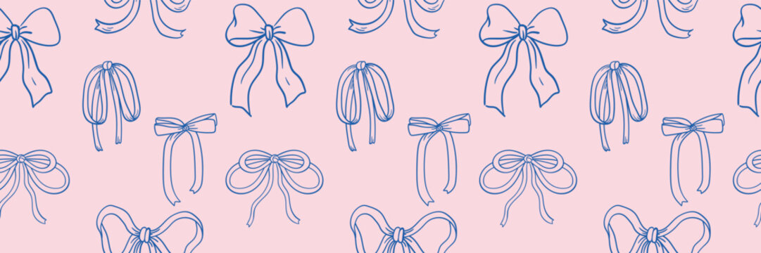 Coquette Cute seamless pattern with bow set. Hand-drawn vintage ribbons. For party, Wedding, invitation, social media template, and greetings in retro style. Vector minimalist elements, line art.