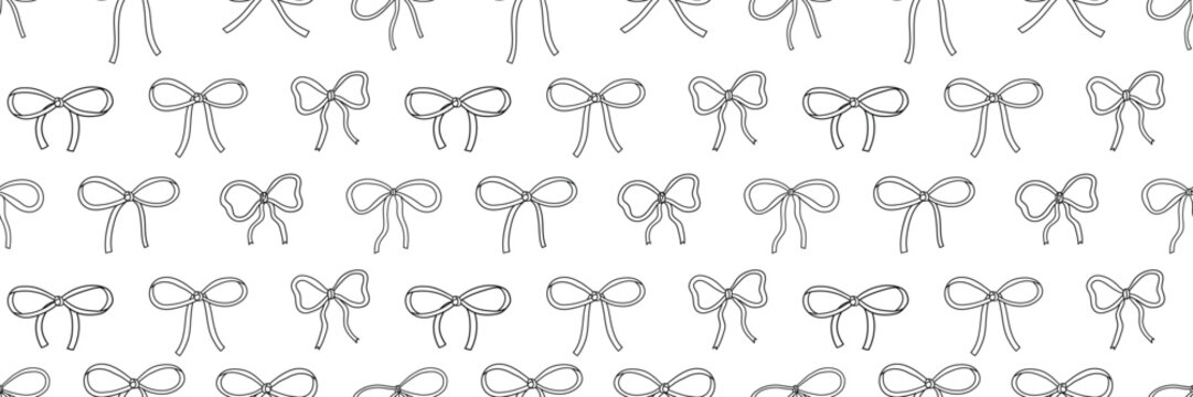 Coquette Cute seamless pattern with bow set. Hand-drawn vintage ribbons. For party, Wedding, invitation, social media template, and greetings in retro style. Vector minimalist elements, line art.