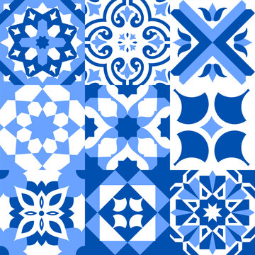 Seamless pattern with portuguese tiles. Vector illustration of Azulejo on white background. Mediterranean style. Multicolor design.