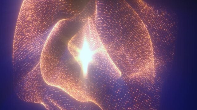 Abstract glowing particle fabric wrapping a bright energy core