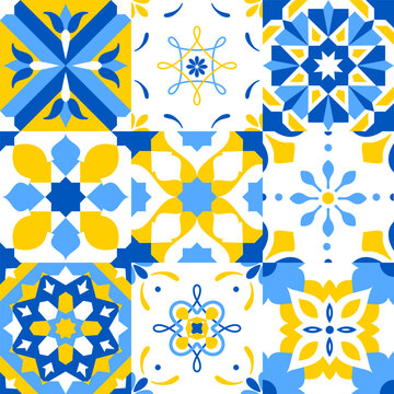 Seamless pattern with portuguese tiles. Vector illustration of Azulejo on white background. Mediterranean style. Multicolor design.
