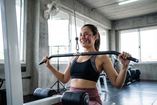 Confident, smiling woman with a port-wine stain birthmark exercising on a lat pulldown machine.