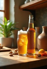 Craft Beverage Shelf Aesthetic Ginger Beer Glass Bottle Display Natural Wood Arrangement