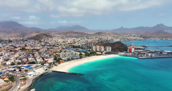 Aerial view of Laginha beach in Mindelo city in Sao Vicente Island in Cape Verde