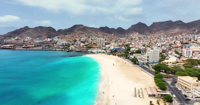 Aerial view of Laginha beach in Mindelo city in Sao Vicente Island in Cape Verde
