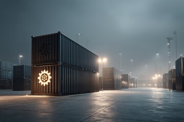 Obraz premium Industrial container yard with stacked shipping containers, and a gear icon on a container