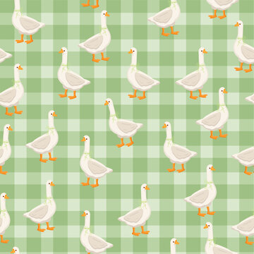 Goose Seamless Pattern on Green Gingham Background